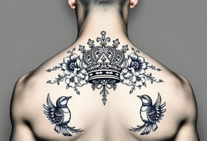 powerful majestic with a crown, surrounded by floral ornaments and birds tattoo idea