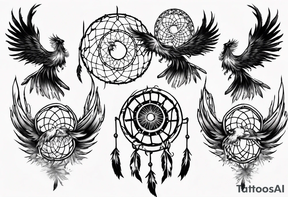 Firey Phoenix bursting from dream catcher tattoo idea