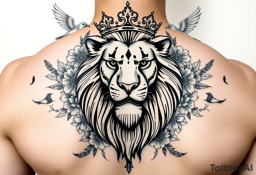 powerful majestic lion with a crown, surrounded by floral ornaments and birds tattoo idea