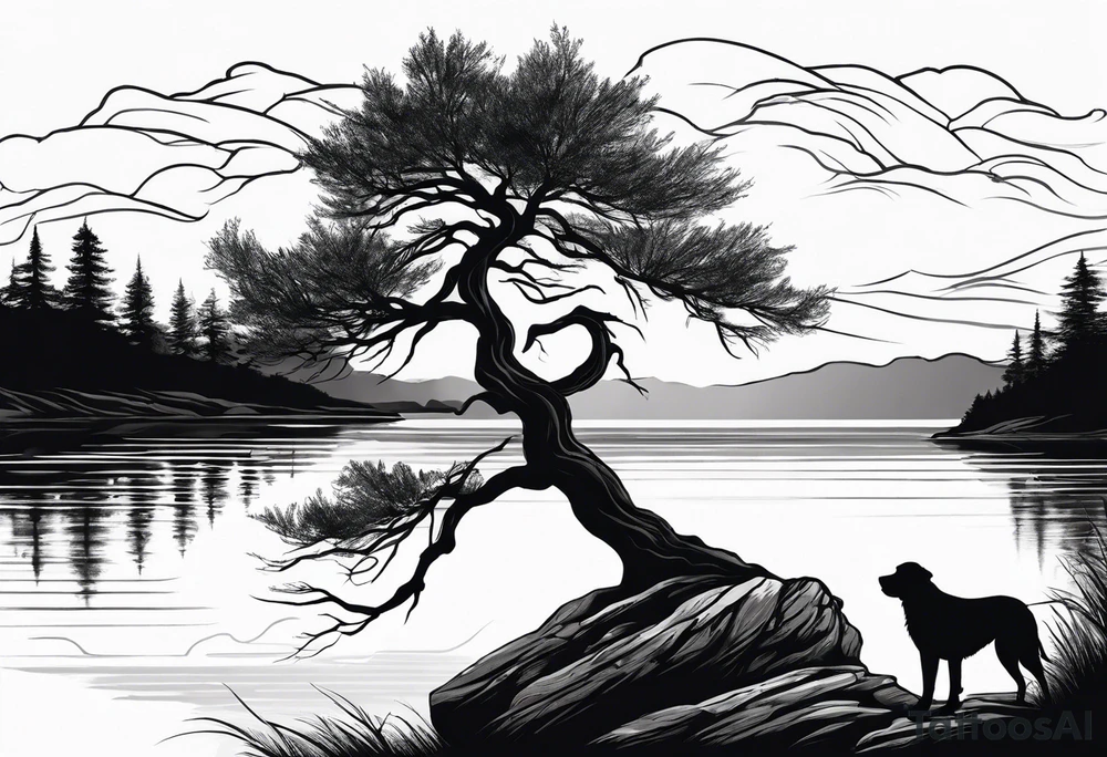 Sleeve tattoo windswept tree before lake with low rock face on another side of lake. Mastiff dog silhouette in foreground. tattoo idea