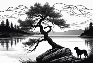 Sleeve tattoo windswept tree before lake with low rock face on another side of lake. Mastiff dog silhouette in foreground. tattoo idea