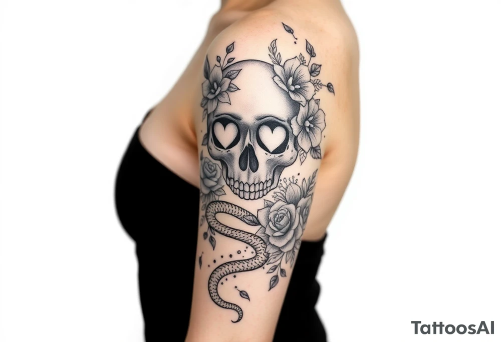 A half sleeve with Gothic pretty skull with heart shaped eyes surrounded by wildflowers and roses and a snake slithering through tattoo idea