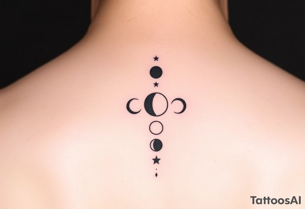 5 moon phases going vertical in this order waxing crescent, third quarter phase, full moon, first quarter phase, third quarter phase with the Capricorn constellation without connecting lines just the stars behind it tattoo idea