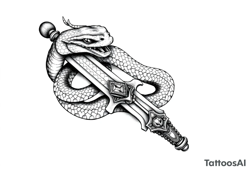 mystical snake coiled around an ancient dagger with jeweled hilt tattoo idea