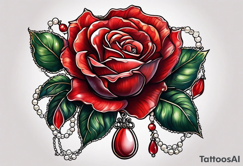 Red rose with a pearls dangling tattoo idea