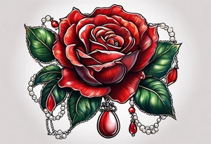 Red rose with a pearls dangling tattoo idea
