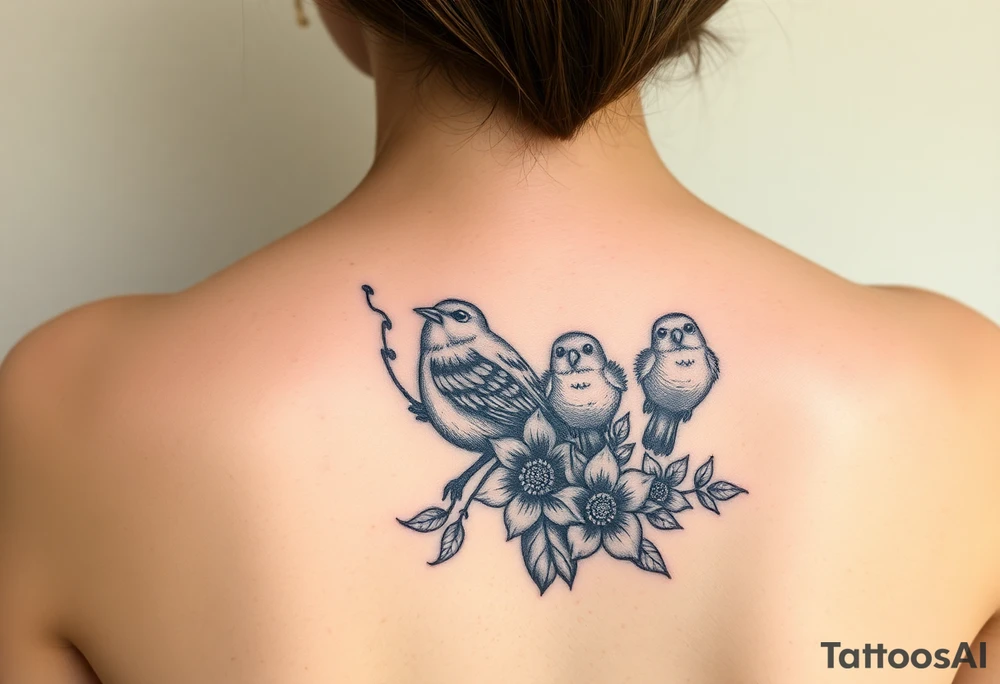 Mom bird and three baby birds with flowers tattoo idea