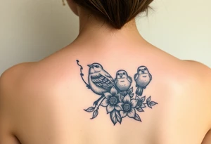 Mom bird and three baby birds with flowers tattoo idea