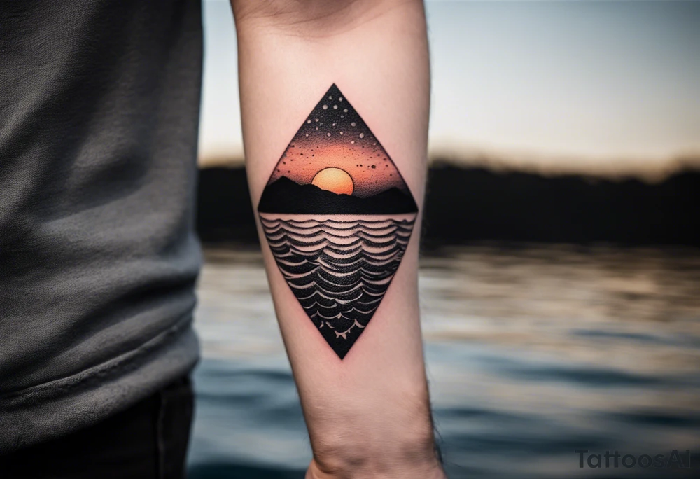 Sunset from the perspective of being on a boat on the ocean. The waves are very calm and there is no land in site. There are slight reflections of the sun on the water. The tattoo will be in landscape orientation on the forearm, rought 3 inches wide and 2 inches tall. The style is incredibly minimal and simple. Mostly black with small splashes of color from the sun. There are no other objects in the tattoo besides the sun, water, and maybe some clouds and a bird or two, tattoo idea