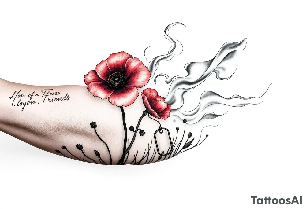 army inspired loss of friends, 2 red poppy’s, and smoke with dog tags in a field of fire tattoo idea