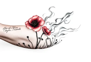 army inspired loss of friends, 2 red poppy’s, and smoke with dog tags in a field of fire tattoo idea