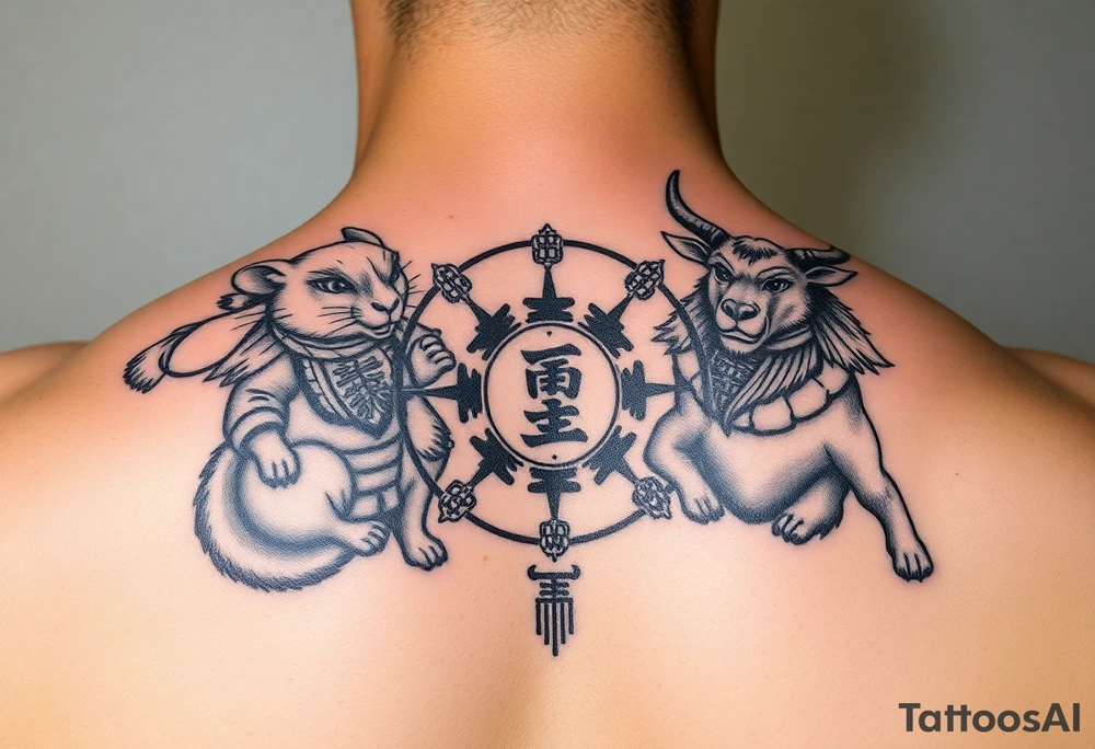 Chinese zodiac animals: rat, dog, goat, and ox all dressed up Japanese Samurai style in a circular formation tattoo idea