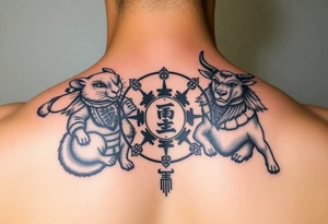 Chinese zodiac animals: rat, dog, goat, and ox all dressed up Japanese Samurai style in a circular formation tattoo idea