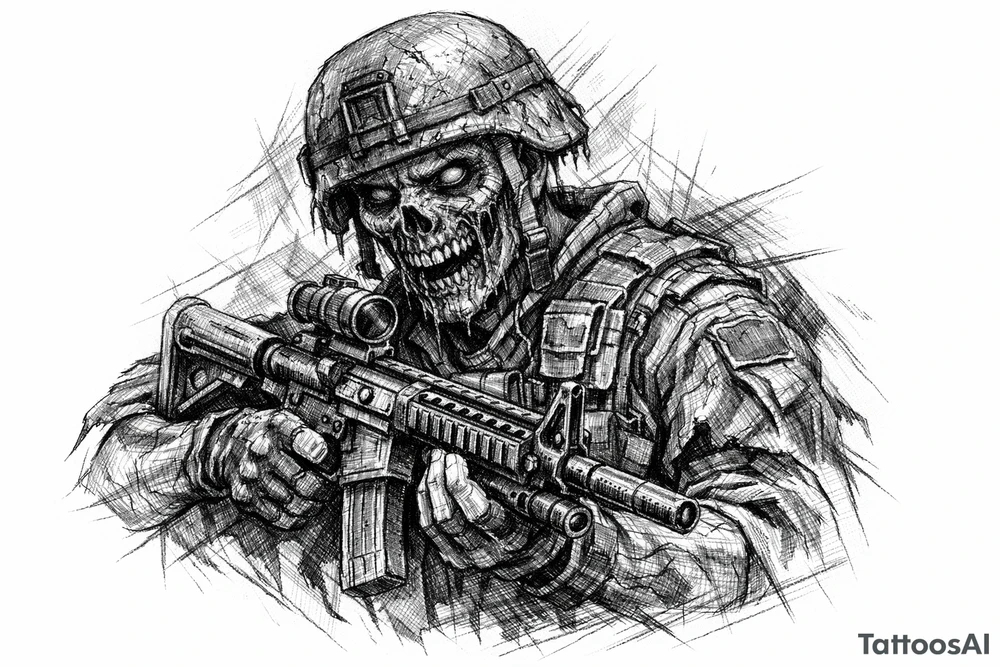 zombie in soldier-outfit,assault-rifle. tattoo idea