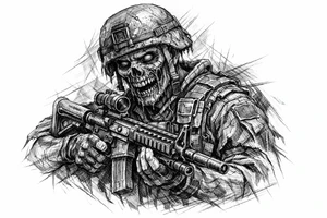 zombie in soldier-outfit,assault-rifle. tattoo idea
