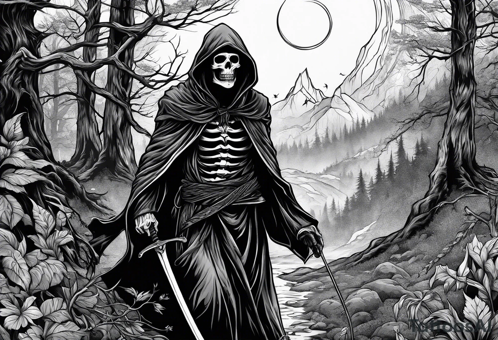 grim reaper walking forest tattoo idea