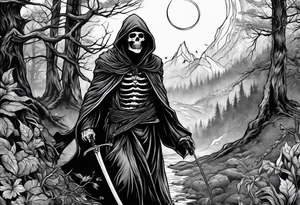 grim reaper walking forest tattoo idea
