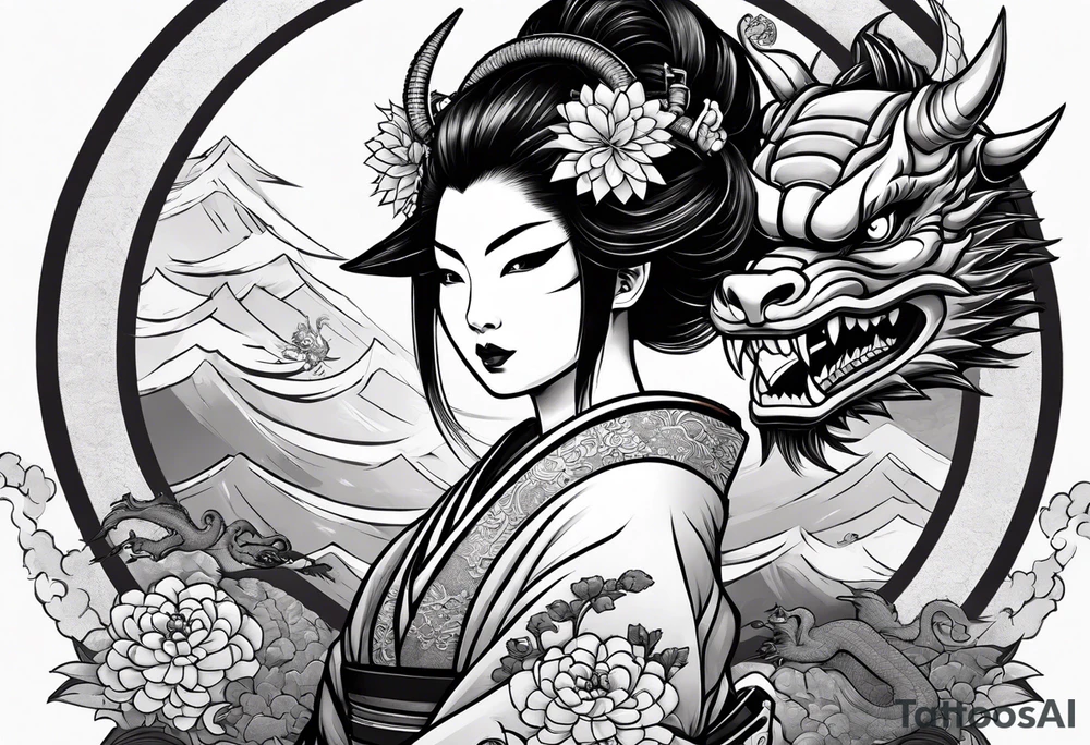 geisha in samurai armor, wearing an odashi in her hand and an oni mask on her belt, with a dragon in the background tattoo idea