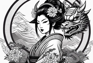 geisha in samurai armor, wearing an odashi in her hand and an oni mask on her belt, with a dragon in the background tattoo idea