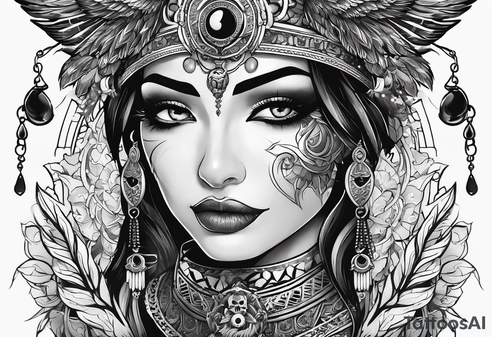 black kali, goddess pirate, pachamama, valkrye, warrior, skull, lotus azul, wing, eagle, zenza resonance, stars, one side chest tattoo idea