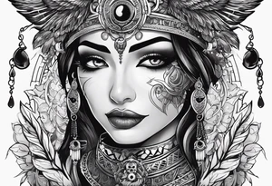 black kali, goddess pirate, pachamama, valkrye, warrior, skull, lotus azul, wing, eagle, zenza resonance, stars, one side chest tattoo idea