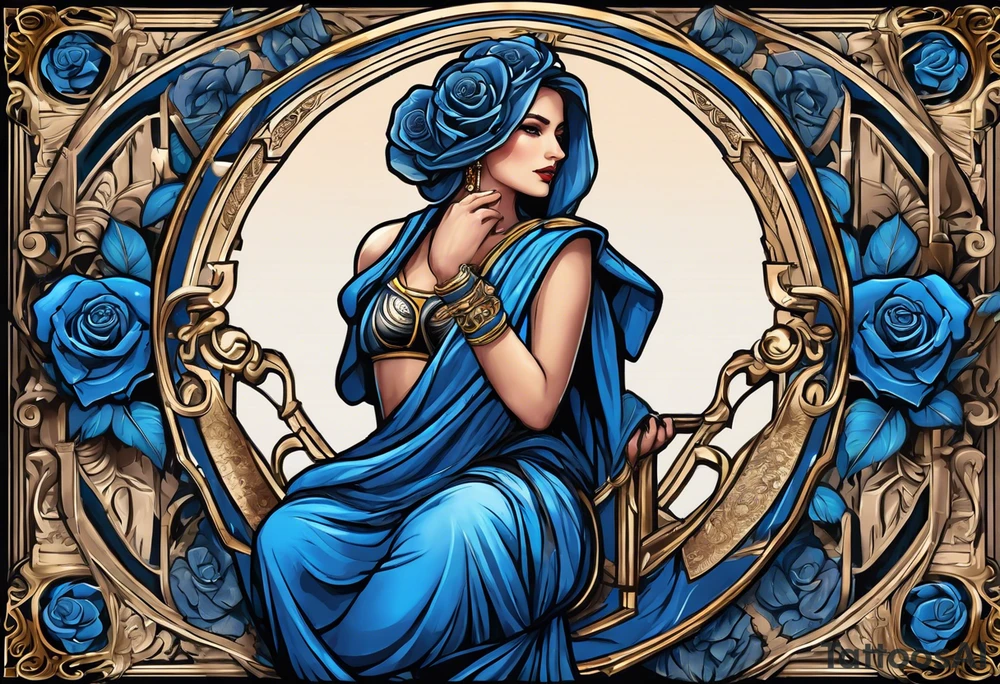 ancient rome clothes women, with ancient scale in one hand, blue rose frames, justicia keeps  scale tattoo idea