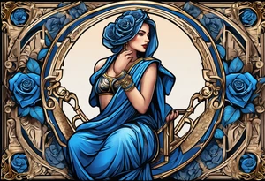 ancient rome clothes women, with ancient scale in one hand, blue rose frames, justicia keeps  scale tattoo idea