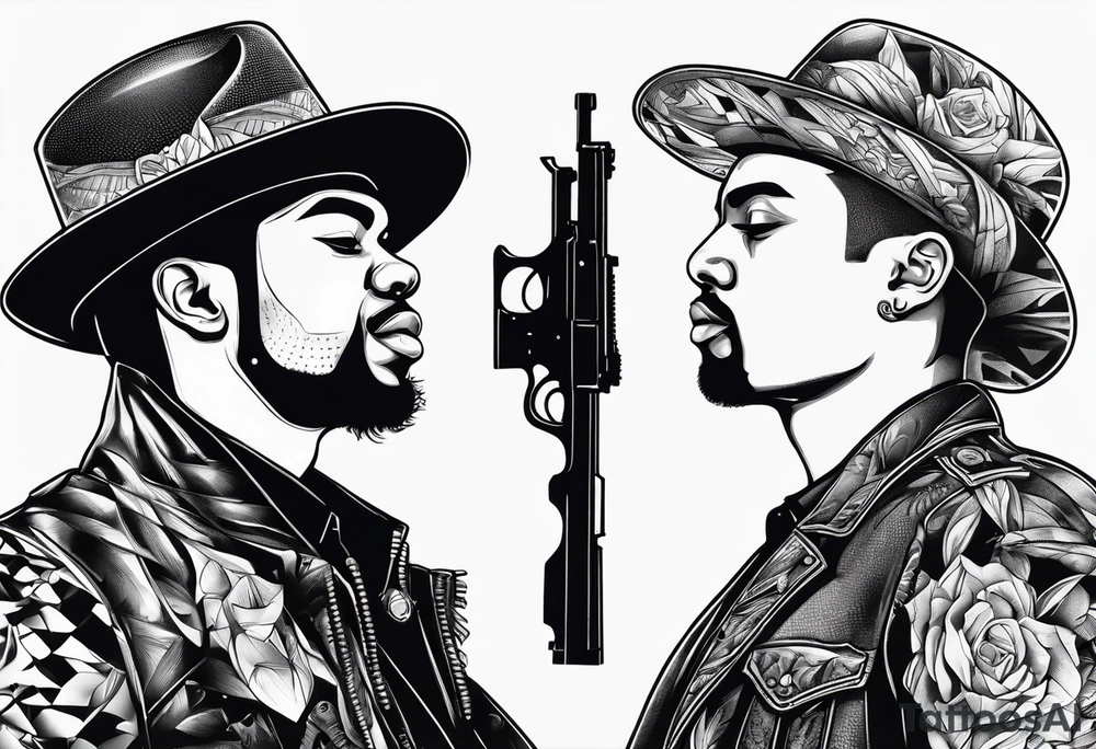 A reflection of two black siloets of people holding guns at two siloets dead tattoo idea