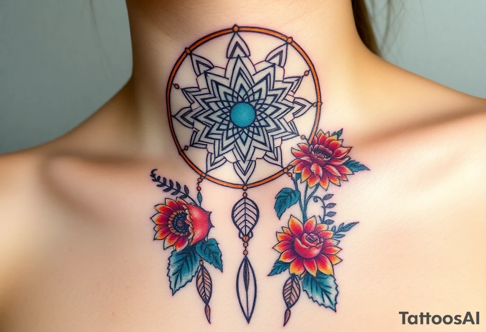 Dreamcatcher with zodiac symbols and protection runes caught in it with tigerlillies roses and sunflowers tattoo idea