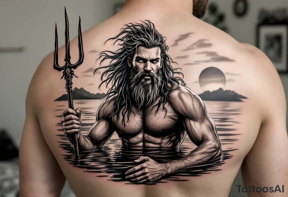 young, happy, fit poseidon in calm water, holding a trident, drinking a beer, with sunset, with ski bare feet tattoo idea