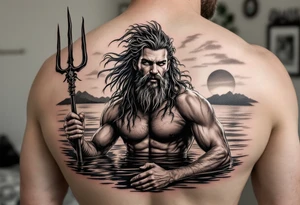 young, happy, fit poseidon in calm water, holding a trident, drinking a beer, with sunset, with ski bare feet tattoo idea