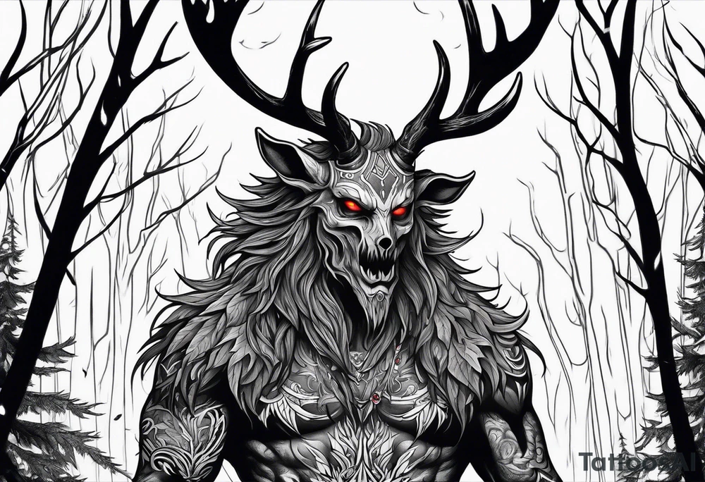 A SCARY lore accurate wendigo surrounded by a forest fire in background tattoo idea