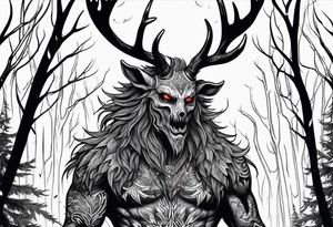 A SCARY lore accurate wendigo surrounded by a forest fire in background tattoo idea
