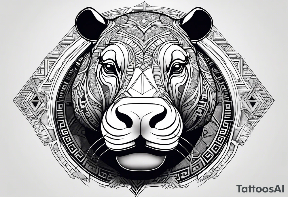 Asymmetrical, geometric, chinese ink art touch, hippo , full moon, tribal, orientation portrait tattoo idea