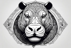 Asymmetrical, geometric, chinese ink art touch, hippo , full moon, tribal, orientation portrait tattoo idea