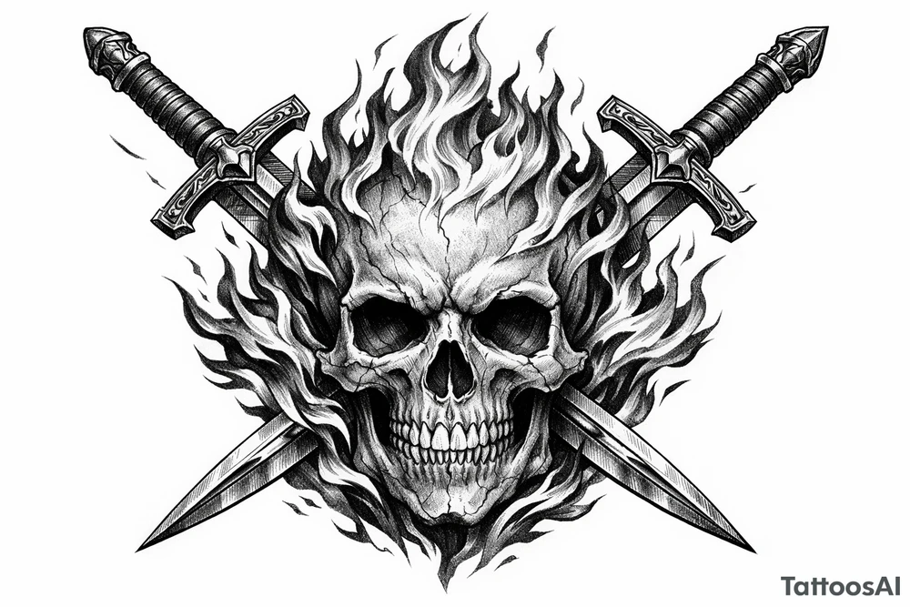 A skull engulfed in stylized, vibrant flames, crossed by two ornate swords. tattoo idea