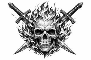 A skull engulfed in stylized, vibrant flames, crossed by two ornate swords. tattoo idea