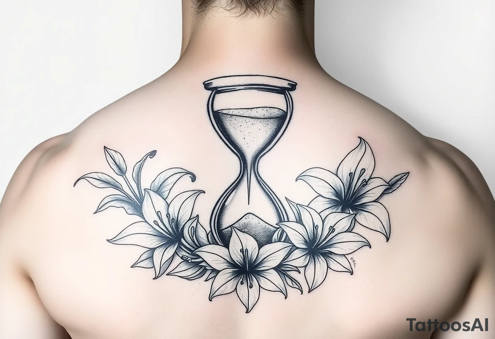 Hourglass and lillies, realistic, black and white tattoo idea