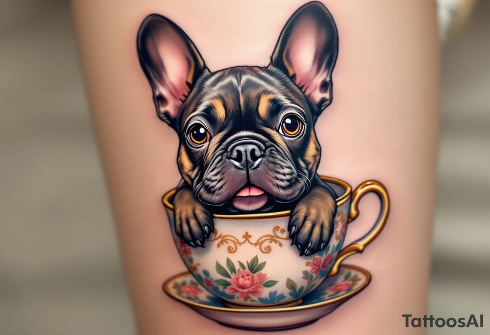 French Bulldog sitting in a teacup, head peeking out with tongue slightly out, brindle fur and cup decorated in floral blue and gold. tattoo idea