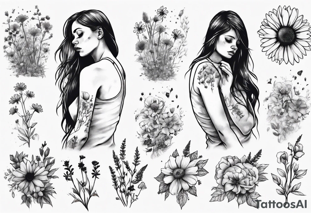 Depressed girl in flowers meadow tattoo idea