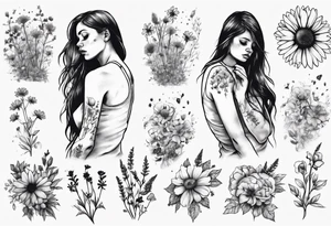Depressed girl in flowers meadow tattoo idea