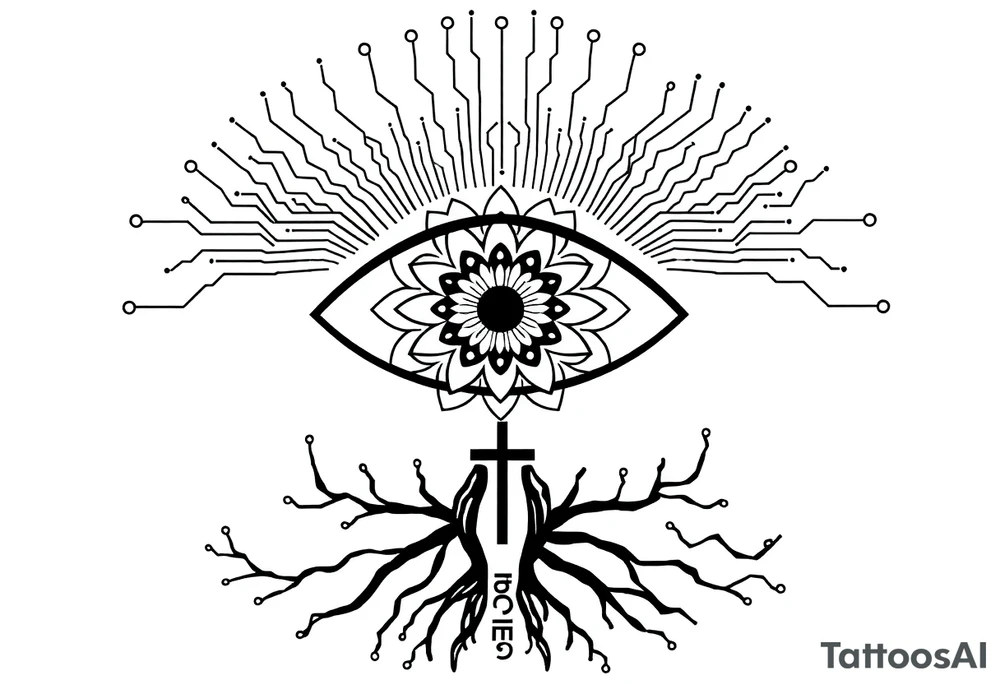 Central Element: A large, stylized eye is the focal point.

The iris of the eye is filled with a mandala pattern, symbolizing depth, balance, and inner awareness.

The lines are fine and clean, forming symmetrical layers and floral-like geometry within the mandala.

Upper Design: From the top of the eye extend circuit-like branches, mimicking electronic pathways.

These lines rise vertically and diagonally in symmetrical fashion, ending in rounded circuit nodes, representing intelligence, logic, and the digital mind.

Lower Design: From the bottom of the eye extend natural tree roots.

These branches flow organically and curve outward, grounding the symbol with themes of nature, growth, and spiritual connection.

Text Element: Below the tree roots is the word "σοφία" in Ancient Greek, meaning wisdom.

The font is clean and classical, giving it a timeless, philosophical presence.

Religious Symbol: Directly below the Greek word is a simple, black cross.

The cross is thin, minimal, and vertically aligned with the center of the eye, representing faith, spirituality, or divine guidance.

Placement: back tattoo idea