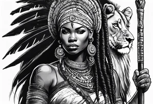 African woman warrior holding spear with deadlocks and earrings. With lion in the background tattoo idea