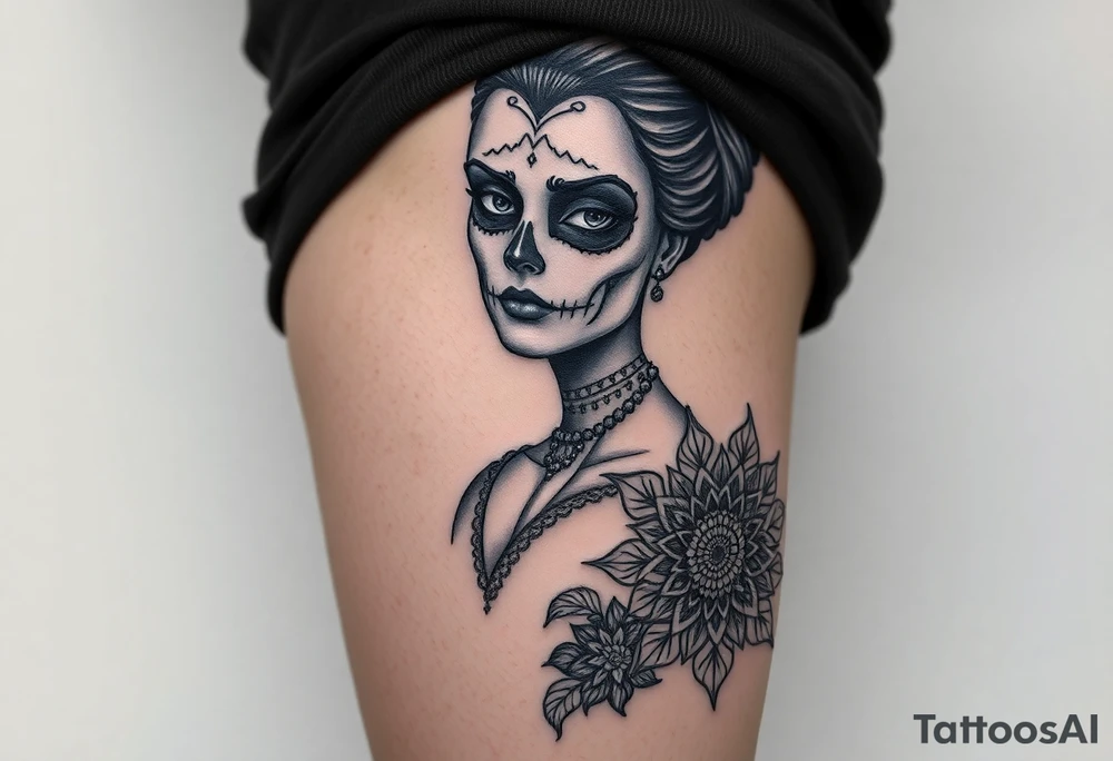 Eine sehr realistisch aussehende moderne la Catrina auf dem gesamten forderten Oberschenkel verbunden mit einem mandala auf dem Knie tattoo idea