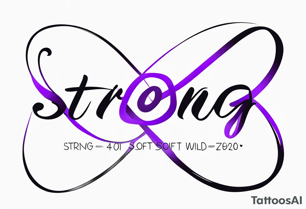 text “Strong. Soft. Wild.”, infinity symbol, 4 kids, purple tattoo idea