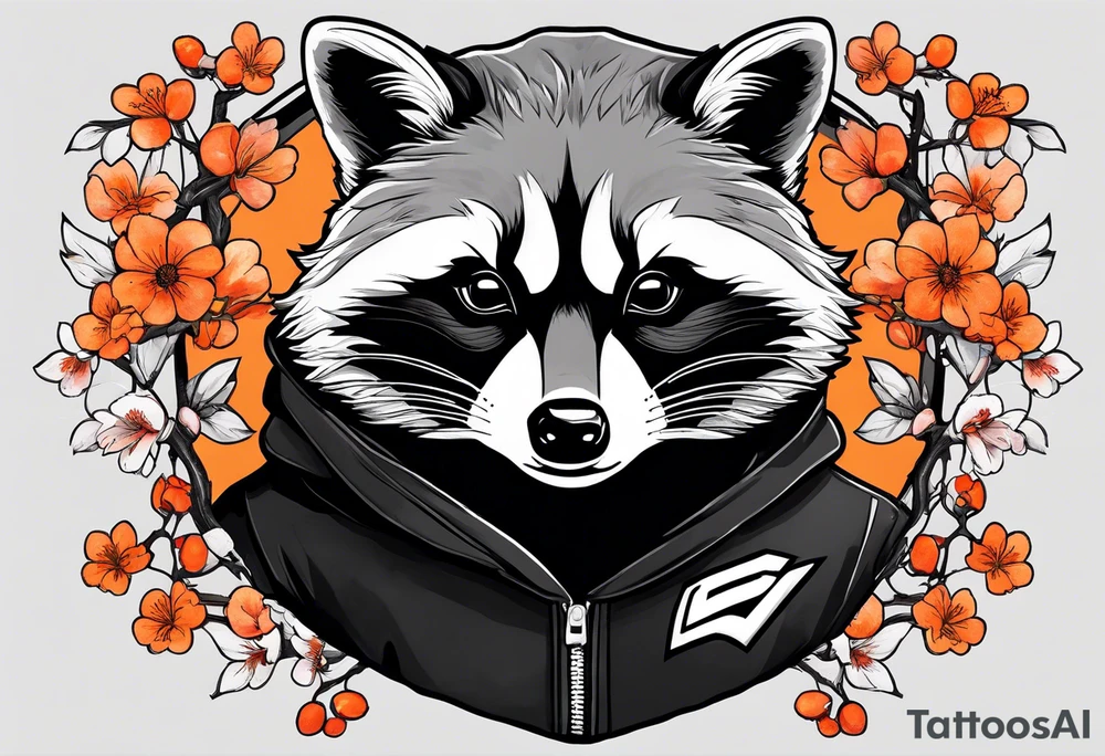 Raccoon wearing a white Superman logo on a black hoodie and orange Japanese cherry blossoms tattoo idea