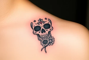 Masculine sugar skull with diamonds and daisy tattoo idea