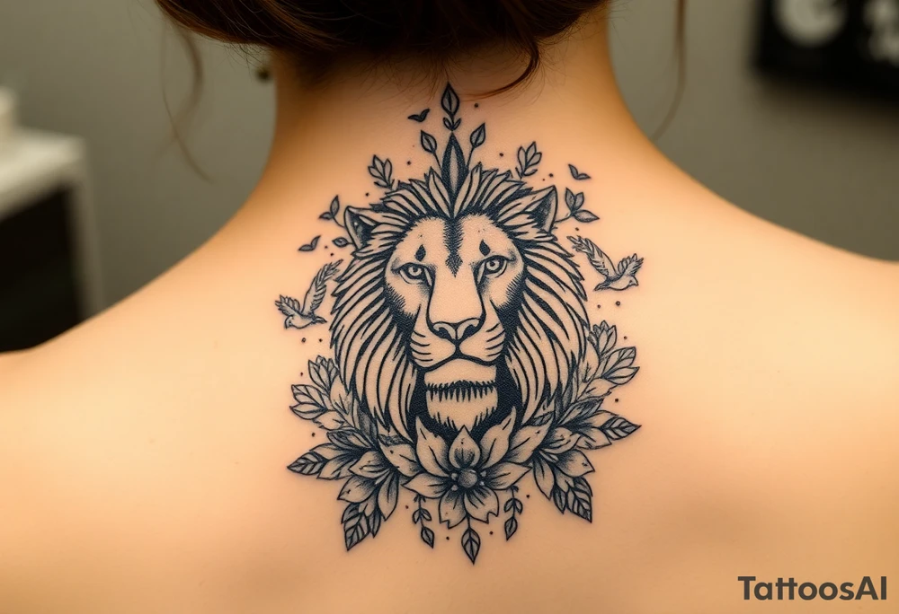 powerful majestic lion with a crown, surrounded by floral ornaments and birds tattoo idea