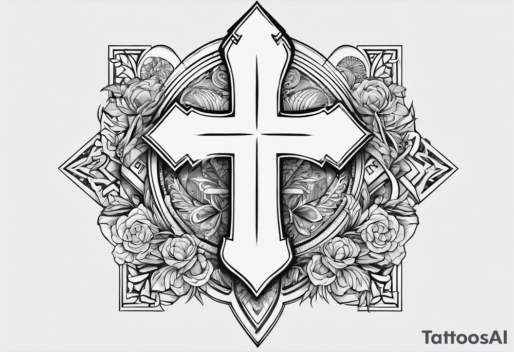 A tattoo to draw on my right arm with a mix with the cross of Jesus and with some things symbolizing my wife, my daughter, my 2 dogs, some musical elements about keyboards and pianos too and some elements that remember Brazil and the USA tattoo idea