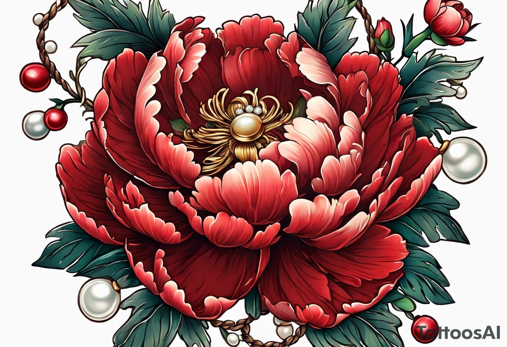 Red peony with pearl necklace and rabbit tattoo idea